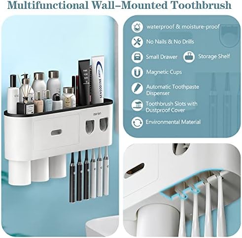 Distribuidores de pasta de dentes automáticos duplos, belscat de escova de dentes bheadcat montados na parede com espremedor de pasta de dente, organizador de banheiro multifuncional, 3 xícaras magnéticas…
