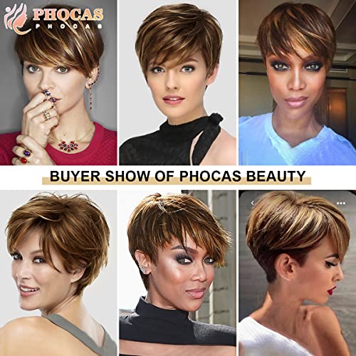 Phocas curto cabelo humano pixie perucas com franja para mulheres pixie marrom curto cut peruca moda natural moda sem renda perucas