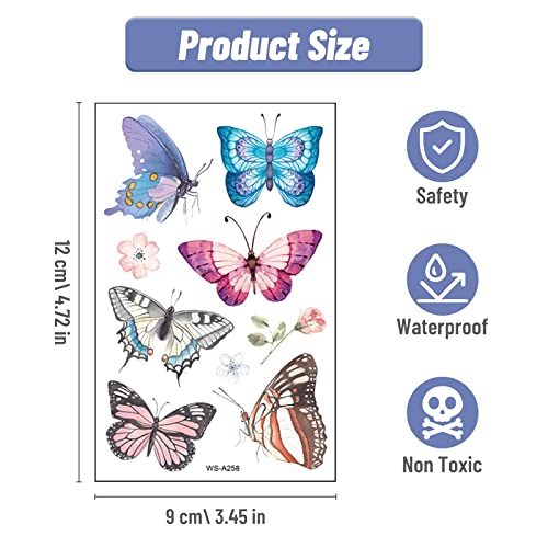 10 lençóis tatuagens de borboleta auto-adesiva para crianças adultas mulheres, adesivos temporários à prova d'água coloridos falsos