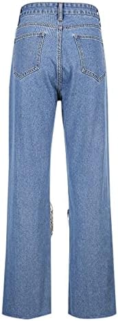 Jeans de jeans perfurados calças largas jeans zíper casual de tamanho grande calça moderna perna perna em reta cintura alta jeans feminina solta