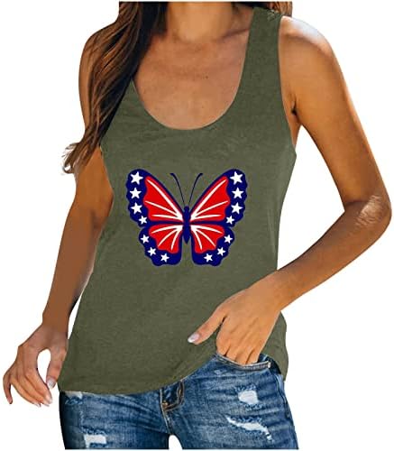 Tampas patrióticas Tampas para mulheres Estrelas de bandeira dos EUA STARRS SGONELENTES T-shirt Butterfly Print Tank Camisetas 4 de