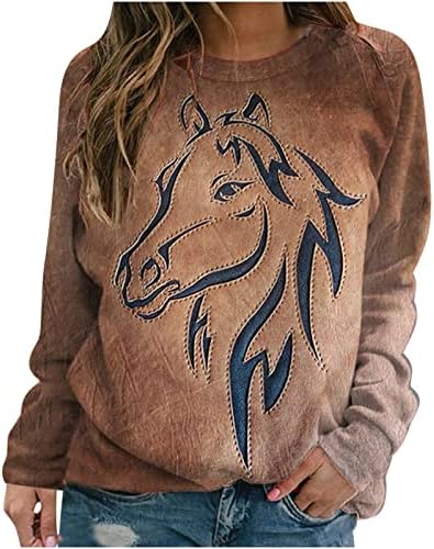 Moda T camisetas femininas gráficas de cavalo feminino casual de manga longa Crew pescoço