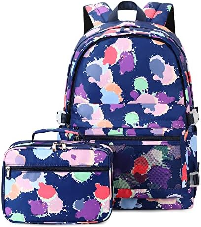 Robhomily Girls Backpack com lancheira para a escola primária do ensino médio, mochila escolar de 17 polegadas para crianças com lancheira, mochila azul leve para meninas adolescentes