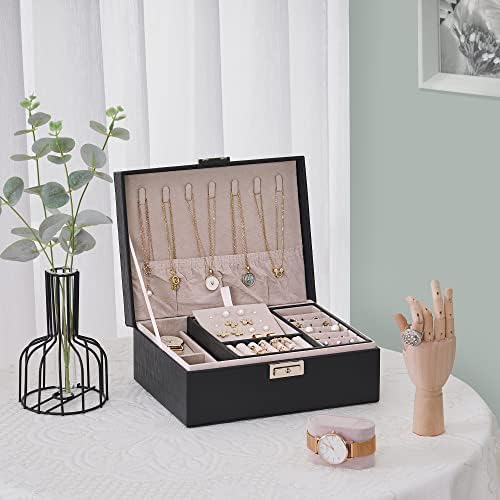 Caixa de jóias bewishome para mulheres meninas, 2 camadas Caixa de organizador de jóias com 2 bandeja removível de estojo de relógio,