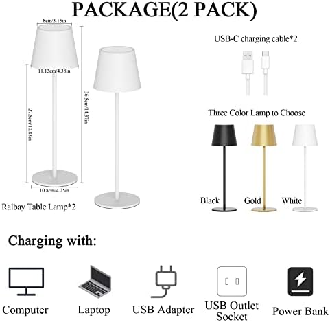 Ralbay 2 Pacote de mesa de mesa sem fio branco, lâmpada de mesa de LED recarregável, lâmpada de lâmpada de bateria ao ar livre IP54