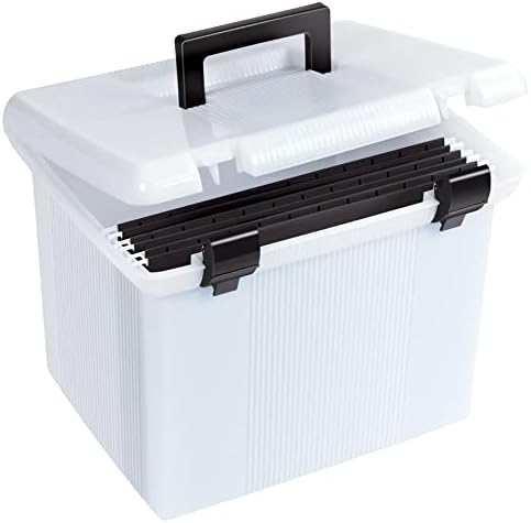Caixa de arquivo portátil pendaflex, branca fosca, tampa articulada com fechamento de trava dupla, 3 pastas de suspensão