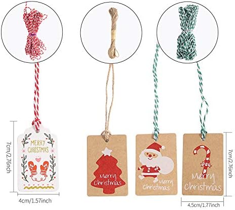 Tags de Natal, etiquetas de papel de presente de Natal, 100 PCs Kraft Paper Tags com corda vermelha de cordas verdes de juta natural de juta natural