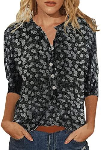 Camiseta de blusa para feminino verão outono 3/4 manga 2023 Crewneck gráfico casual crochet tee rc rc