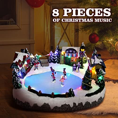 Decoração de Natal Musical Snow Village Figuras Exibir lagoa de patinação Globo de neve de Natal Aldea de Navidad com 8 músicas