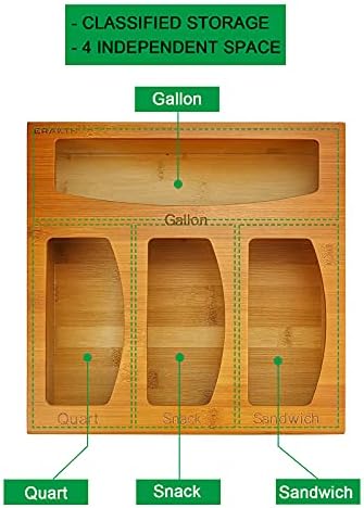 Crakth Bamboo Ziplock Bag Organizador e dispensador para gaveta de cozinha, adequado para bolsa de tamanho de galão, quart, sanduíche