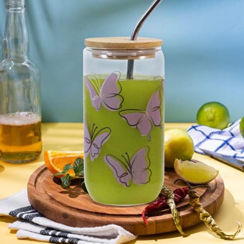 Jekugot Butterfly Coffee Glass com tampa e palha de bambu, copo de vidro com forma de lata de cerveja, para mamãe, melhor amiga e esposa, 16 onças de café gelado.
