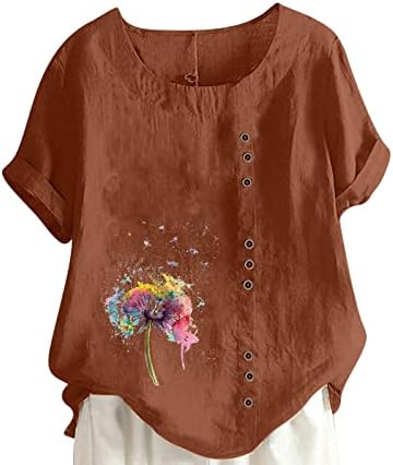 Tops de linho de algodão feminino Tops Tops de verão praia blusas florais de tamanho Henley Shirts Casual Manga curta camiseta