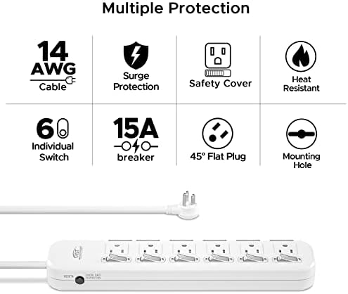 CRST Power Strip Surge Protector com estojo de segurança 15A Tiras de energia com interruptor individual, 6-Outlet, 1875W,