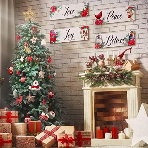 4 peças de natal madeira sinais vintage de natal poinsettia alegria amor paz acredito na parede arte rústico de natal