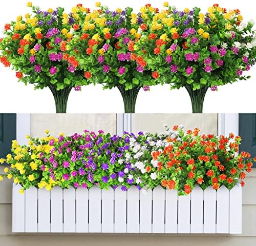 10 Flores do cemitério artificial Flores do cemitério ao ar livre para decoração em casa, plantas de arbustos de vegetação falsa resistente a UV para pendurar caixa de janelas da varanda do jardim decoração em atacado a granel, 5 cores