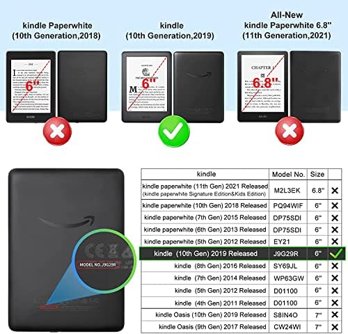 Para 6 Kindle 10th Gen 2019, com alça de mão, Case Pu Durável Ultra Slim com Função Automática/Sono