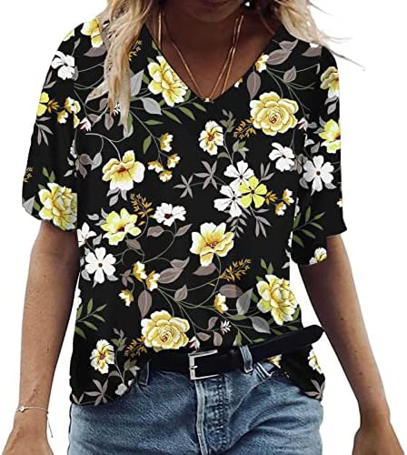 Camiseta da blusa para meninas de manga curta 2023 algodão V Gráfico floral Floral Fit Fit Grande tamanho relaxado