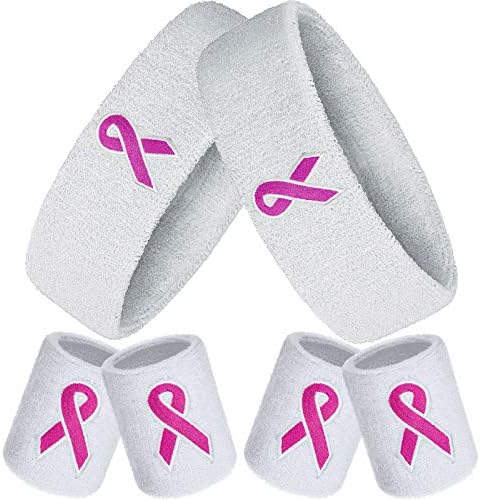 6 peças Conjunto de bandas de moletom de conscientização sobre câncer de mama, inclui 2 peças Sports Head Band e 4 peças Pulseiras Bandas de moletom Rosa Fita de fita rosa Conjunto para homens e mulheres