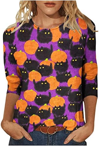 Tops de Halloween femininos, feminino 3/4 de manga Pumpkin Print camise