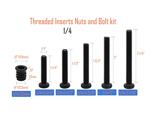 Lby 40 conjuntos de 1/4 × 13mm inserções rosqueadas e kit de sortimento parafusos, porca de parafuso flangeada de mobília de acionamento