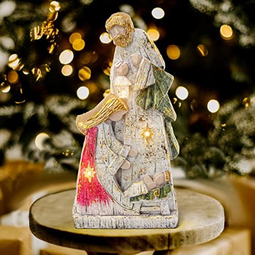 Natividade Conjunto para decorações internas de Natal, estátua da Sagrada Família para Decoração de férias do Mantle de prateleira, ornamento de natividade com luzes LED, cena de manjedoura Menor Jesus Maria