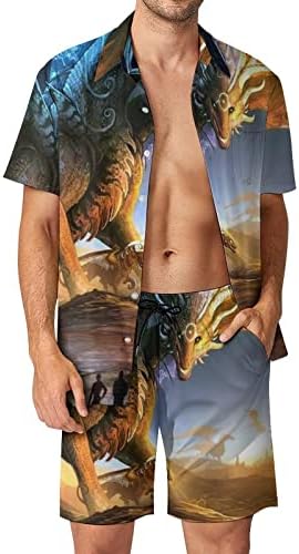 Fantasy Dragon Men Men 2 Peça Conjunto de botão de botão de manga curta Camisas de praia
