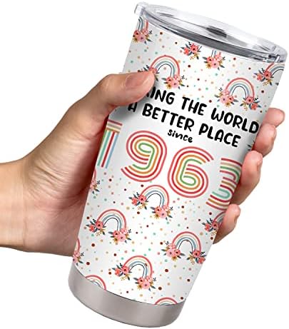 Presentes de aniversário de 60 anos para mulheres, um copo de aço inoxidável engraçado, tumbler de café térmico de 1963 para ela, mãe,