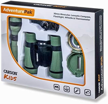 Carson Adventurepak contendo binóculos de campo infantil de 30 mm, bússola lente, lanterna e apito de sinal com um termômetro embutido