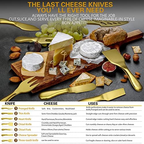 Kats Beypg Advanced 7-Pieces Cheese Fnight Set Coleção 18/10 Facas de queijo de aço inoxidável Conjunto de utensílios de charcutaria com faca de queijo e mortador de queijo, Conjuntos de presentes de queijo requintados