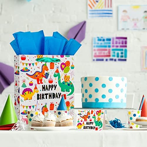 12,6 Grandes sacolas de presente de feliz aniversário com papéis de seda e cartão para meninos meninas e crianças