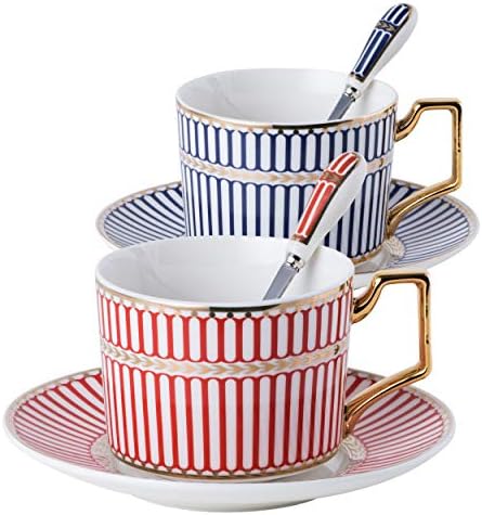 Jusalpha Conjunto de 2 elegantes xícaras de chá e pirolas azuis modernos e vermelhos de 7,4 onças com piscos com pires