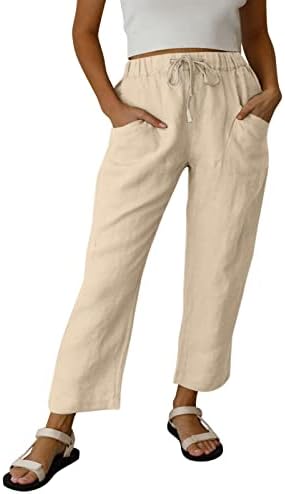 Calças de linho de algodão feminino Alta cintura acionada solta calça casual com bolsos Cappris de verão para mulheres