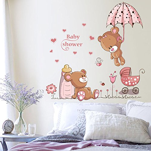 Wallpark Urso fofo bebê segurando um guarda -chuva removível adesivo de parede decalque, crianças crianças, quarto de bebê berçário