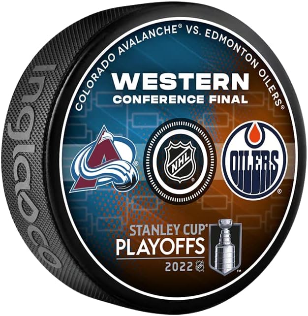 2022 Stanley Cup Playoffs Puck Western Conference Avalanche vs. Oilers *Item de pré -encomenda - o envio começa em 20 de julho