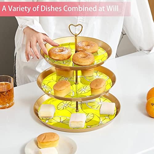 Bolo Stand Conjunto de 3 cupcakes de camada Stands Plates de pastelaria reutilizáveis ​​para decorações de festas de chá de aniversário de casamento, desenho animado de limão amarelo de frutas