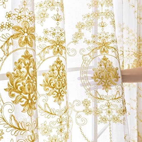 Cortina de cortina de Voile Daesar 2 painéis, cortinas de quarto, linho de ilhós cortinas de bordas amarelas Bordadas vintage Flores