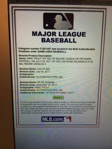 Mike Trout assinou o jogo usado bola do 1º ML HR Game-Angels/MLB History-MLB Holo-MLB Autografed Game usado Cleats
