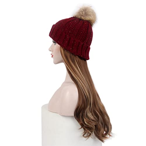 Klkkk Moda Europeia e Americana Chaeiro Chaeiro Chapéu de malha vermelha peruca longa peruca marrom encaracolado e chapéu