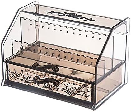 Caixa de armazenamento de jóias transparentes, brinco de camada dupla e rack de organizador de anéis com gaveta, bugigangas