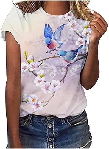 Mulheres da blusa Fall Summer Summer Manga curta 2023 Crewneck Cotton Bird Floral Graphic Lounge Top Tee para Girls NZ NZ