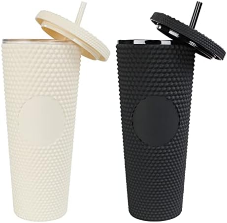 Panelas em vasos de copos cravejados com tampa e palha - 2 pacote de acabamento fosco branco e preto 24 onças de copo para água, café
