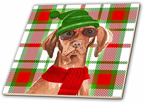 3drose engraçado vizsla cão de natal na xadrez de férias vermelhas e verdes ousado - azulejos