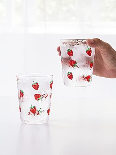 Conjunto Sizikato de 2 copo de vidro transparente, copo de chá gelado de 11 onças, padrão de morango fofo