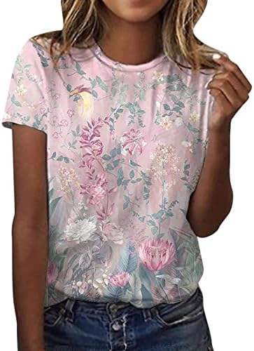 Blusa de camiseta de pescoço da tripulação para mulheres mangas curtas Tops Floras Floras Trendy Aesthetic Basic Roupas Diário Tees