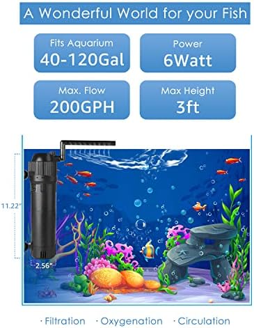 Aquamiracle Aquarium filtro Tanque de peixes filtro Tartaruga filtro de energia interna com modos de aeração/precipitação para aquários de 40-120 galões, vazão e direção ajustável