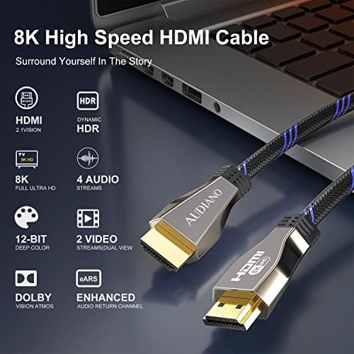 Audiano 8K HDMI 2.1 Cabo, 48 Gbps Cordão de nylon 3D de alta velocidade 3D, suporta 8k 60Hz 4K 120Hz 1444Hz, Earc Dolby Vision