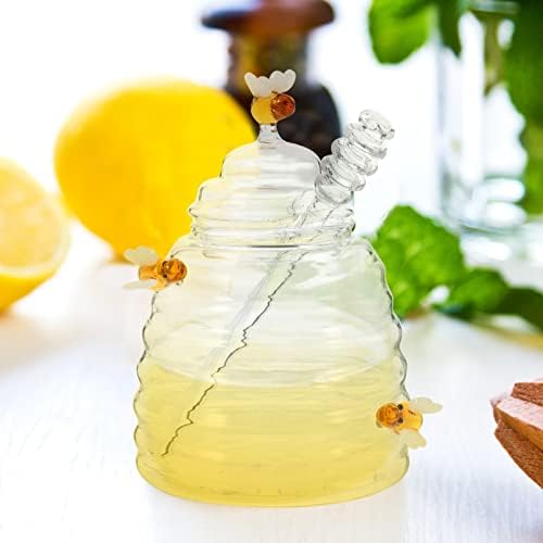 Anguery Honey Dipper Honey Pot Glass Honey Jar com palitos de macacão de colméia de mel Distribuidor de mel transparente garrafa de mel transparente de molho de jar
