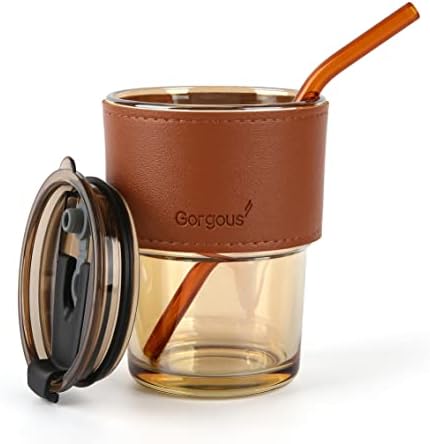Caneca de café reutilizável com vidro de vidro wsaikis com couro resistente ao calor, copo de água com palha de vidro