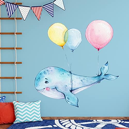 Baleia de fantasia e adesivos de parede de balão para garotas, adesivos de parede de animais e murais para crianças, decoração de baleia do quarto para meninas para sala de jogos de berçário
