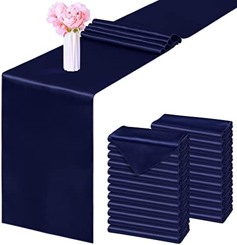 Turstina 24 Pacote de mesa de cetim Cornner de 12 x 108 polegadas de seda brilhante Runner de tecido liso Decoração de mesa de jantar Runner para decoração de festas de banquete de casamento, azul marinho azul
